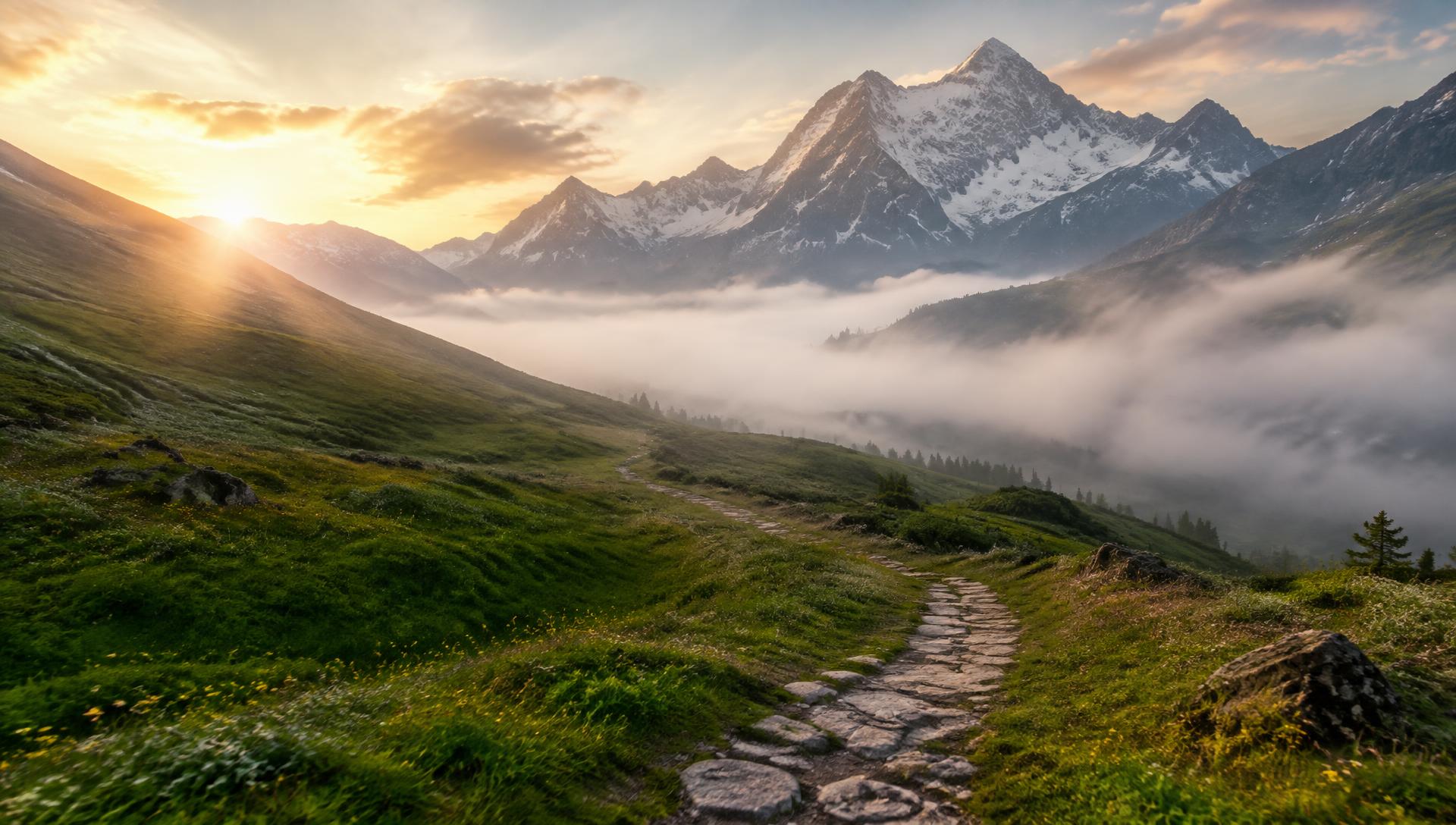 Stone path winding through an alpine meadow at dawn